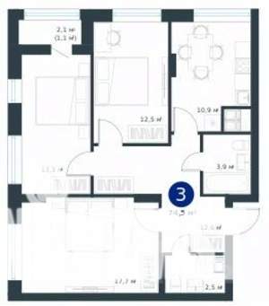 3-к квартира, строящийся дом, 75м2, 4/25 этаж