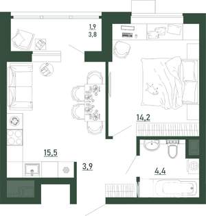 1-к квартира, строящийся дом, 40м2, 2/13 этаж