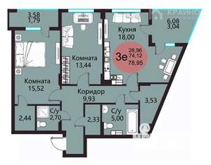 3-к квартира, вторичка, 79м2, 13/22 этаж