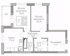 2-к квартира, строящийся дом, 54м2, 19/25 этаж