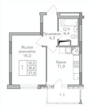 1-к квартира, строящийся дом, 38м2, 5/25 этаж