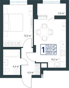 1-к квартира, строящийся дом, 39м2, 4/25 этаж