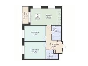 2-к квартира, строящийся дом, 70м2, 8/12 этаж