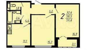2-к квартира, вторичка, 60м2, 6/17 этаж