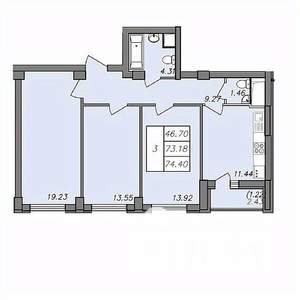 3-к квартира, строящийся дом, 74м2, 8/13 этаж