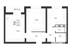2-к квартира, вторичка, 53м2, 14/17 этаж