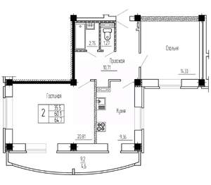 2-к квартира, строящийся дом, 65м2, 12/16 этаж