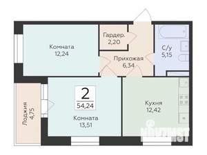 2-к квартира, строящийся дом, 54м2, 4/12 этаж