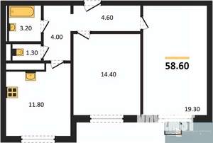 2-к квартира, вторичка, 59м2, 3/19 этаж
