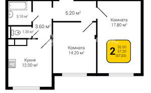 2-к квартира, строящийся дом, 57м2, 2/20 этаж