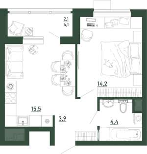 1-к квартира, строящийся дом, 40м2, 3/13 этаж
