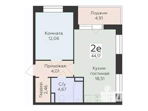 2-к квартира, строящийся дом, 44м2, 6/12 этаж