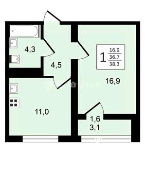 1-к квартира, вторичка, 38м2, 11/21 этаж