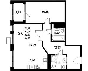 2-к квартира, строящийся дом, 63м2, 19/21 этаж