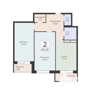2-к квартира, вторичка, 60м2, 6/19 этаж