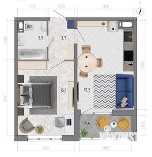 1-к квартира, вторичка, 43м2, 14/18 этаж