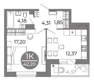 1-к квартира, вторичка, 42м2, 7/25 этаж