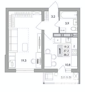 1-к квартира, вторичка, 38м2, 16/17 этаж