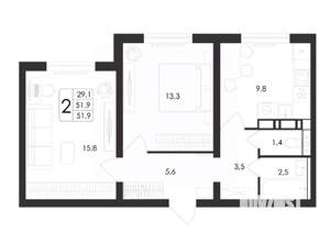 2-к квартира, строящийся дом, 52м2, 2/18 этаж
