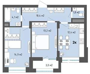 2-к квартира, сданный дом, 58м2, 4/13 этаж