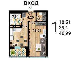1-к квартира, строящийся дом, 40м2, 5/25 этаж