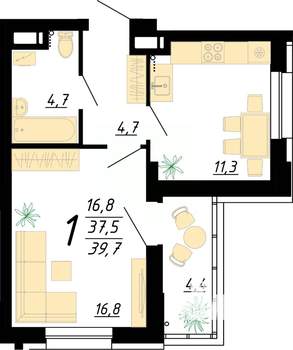 1-к квартира, строящийся дом, 40м2, 4/25 этаж