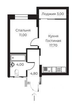 1-к квартира, строящийся дом, 39м2, 6/14 этаж
