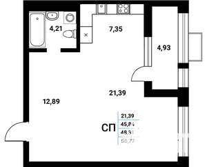 Студия квартира, вторичка, 48м2, 20/21 этаж