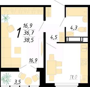 1-к квартира, строящийся дом, 39м2, 14/20 этаж