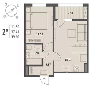 1-к квартира, строящийся дом, 40м2, 18/18 этаж
