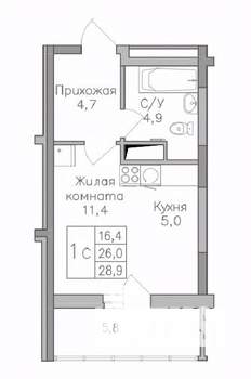 Студия квартира, строящийся дом, 30м2, 1/25 этаж
