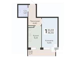 1-к квартира, строящийся дом, 38м2, 1/20 этаж