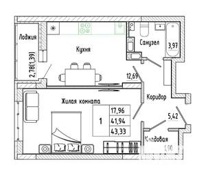 1-к квартира, вторичка, 43м2, 2/17 этаж