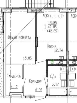 1-к квартира, вторичка, 43м2, 1/4 этаж