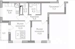 2-к квартира, строящийся дом, 55м2, 11/25 этаж