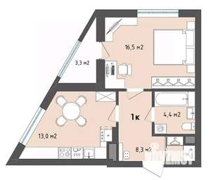 1-к квартира, строящийся дом, 44м2, 6/13 этаж