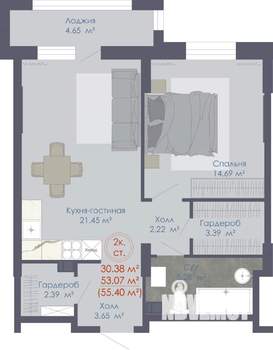 2-к квартира, строящийся дом, 56м2, 14/21 этаж