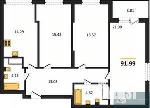 3-к квартира, вторичка, 92м2, 15/18 этаж