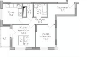 2-к квартира, строящийся дом, 55м2, 10/25 этаж