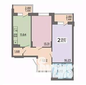 2-к квартира, строящийся дом, 62м2, 8/18 этаж