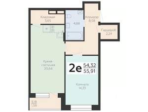 2-к квартира, строящийся дом, 56м2, 2/16 этаж