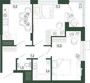 2-к квартира, строящийся дом, 50м2, 2/13 этаж