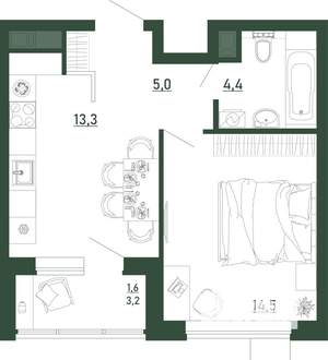 1-к квартира, строящийся дом, 39м2, 8/13 этаж