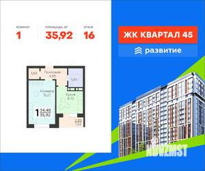 1-к квартира, вторичка, 36м2, 16/18 этаж