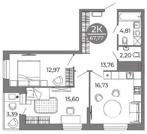 2-к квартира, вторичка, 68м2, 6/25 этаж