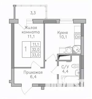 1-к квартира, строящийся дом, 33м2, 17/25 этаж