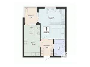 1-к квартира, строящийся дом, 43м2, 6/13 этаж