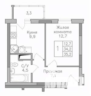 1-к квартира, строящийся дом, 35м2, 16/25 этаж