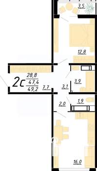 2-к квартира, строящийся дом, 49м2, 3/20 этаж