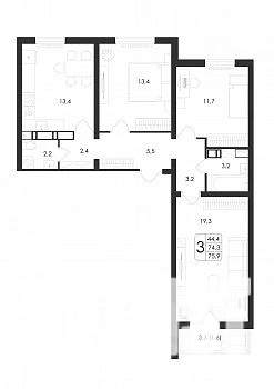 3-к квартира, вторичка, 76м2, 3/17 этаж